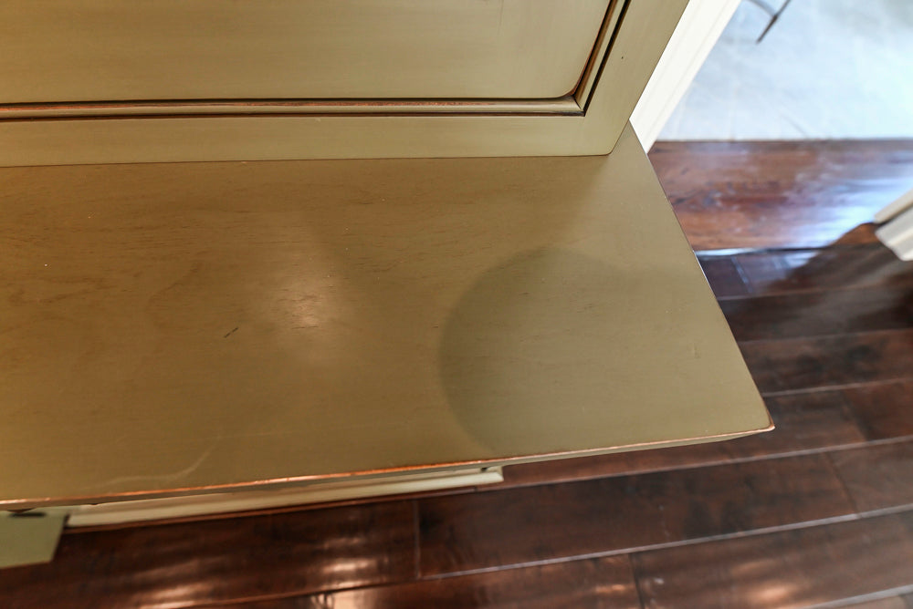 “The Harcourt” Traditional Two-Tone Distressed Kitchen with Green Island, Quartz Countertops and Appliances