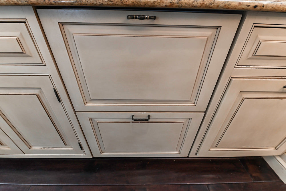 “The Harcourt” Traditional Two-Tone Distressed Kitchen with Green Island, Quartz Countertops and Appliances