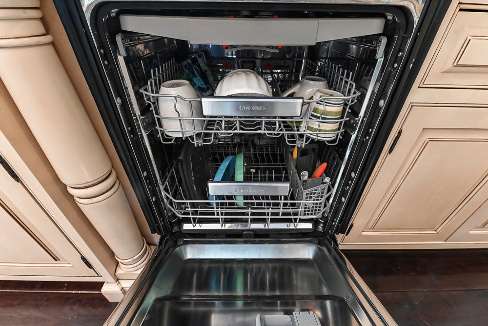 “The Harcourt” Traditional Two-Tone Distressed Kitchen with Green Island, Quartz Countertops and Appliances
