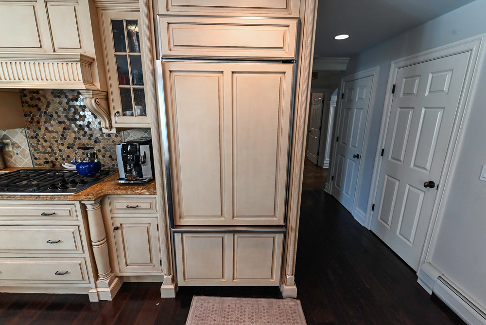 “The Harcourt” Traditional Two-Tone Distressed Kitchen with Green Island, Quartz Countertops and Appliances