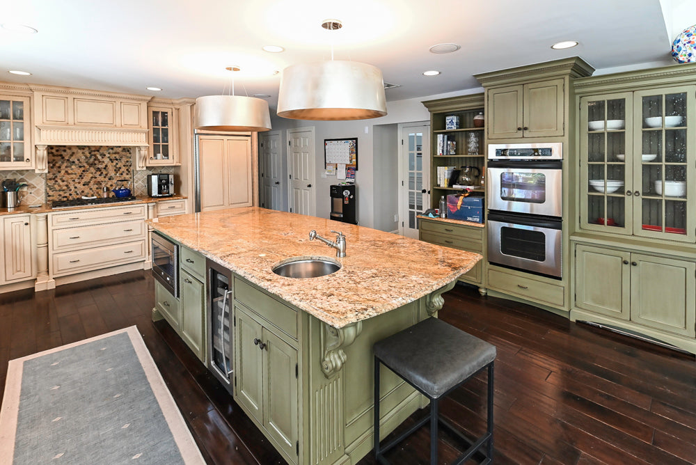 Custom Traditional Two-Tone Distressed Kitchen with Granite Countertops, Island and Appliances