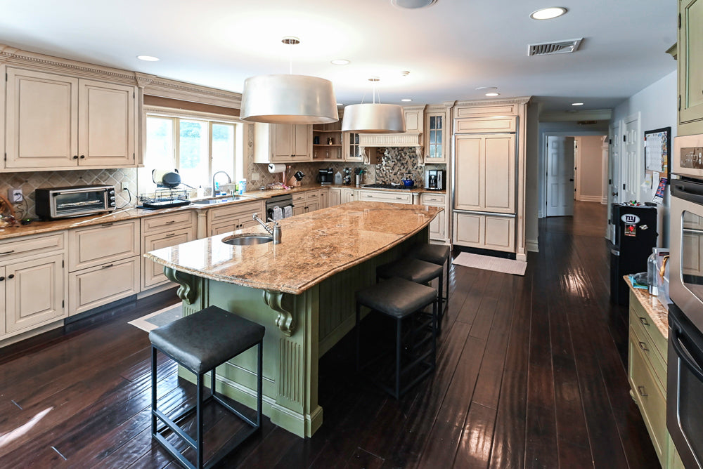 Custom Traditional Two-Tone Distressed Kitchen with Granite Countertops, Island and Appliances