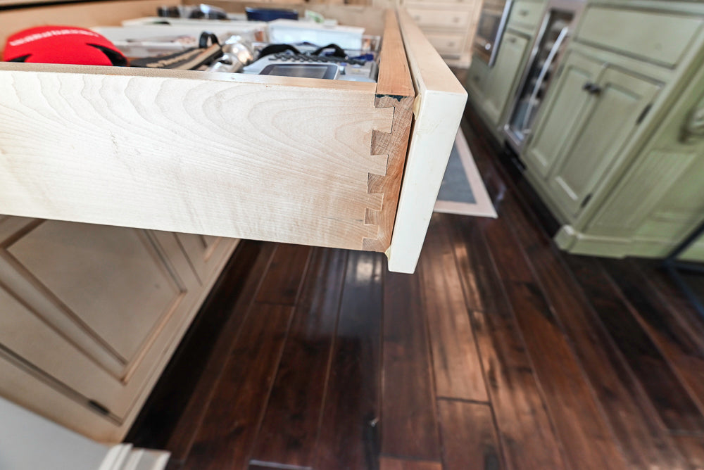 “The Harcourt” Traditional Two-Tone Distressed Kitchen with Green Island, Quartz Countertops and Appliances