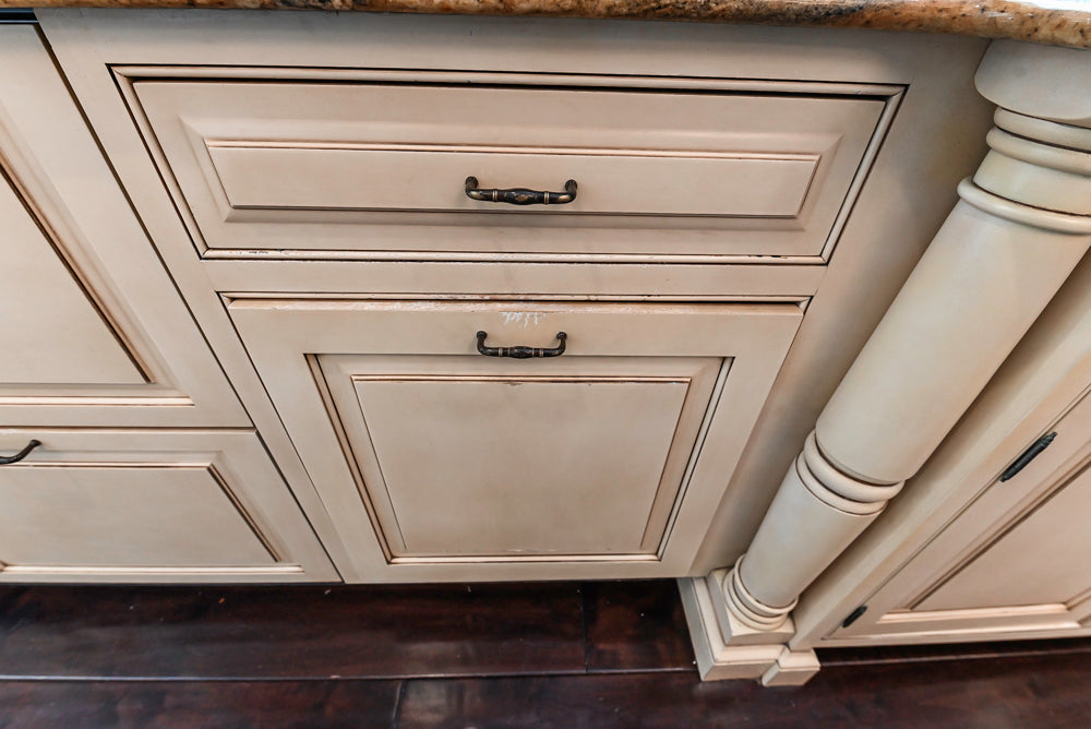 “The Harcourt” Traditional Two-Tone Distressed Kitchen with Green Island, Quartz Countertops and Appliances