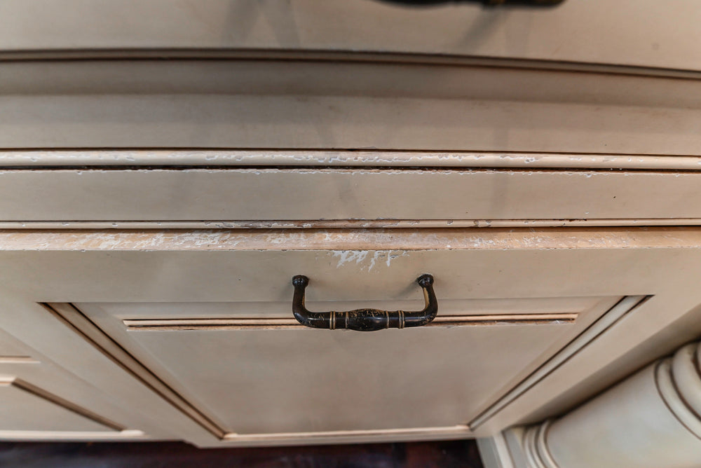 “The Harcourt” Traditional Two-Tone Distressed Kitchen with Green Island, Quartz Countertops and Appliances