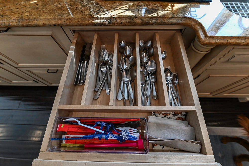 “The Harcourt” Traditional Two-Tone Distressed Kitchen with Green Island, Quartz Countertops and Appliances