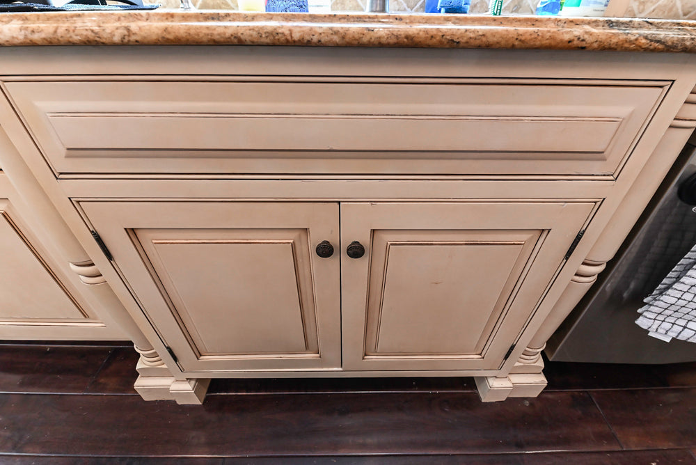 “The Harcourt” Traditional Two-Tone Distressed Kitchen with Green Island, Quartz Countertops and Appliances