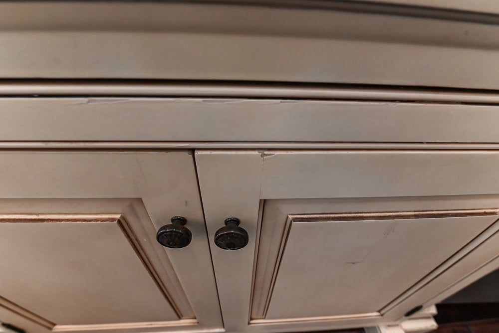 “The Harcourt” Traditional Two-Tone Distressed Kitchen with Green Island, Quartz Countertops and Appliances