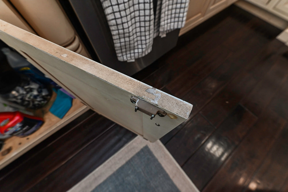 “The Harcourt” Traditional Two-Tone Distressed Kitchen with Green Island, Quartz Countertops and Appliances