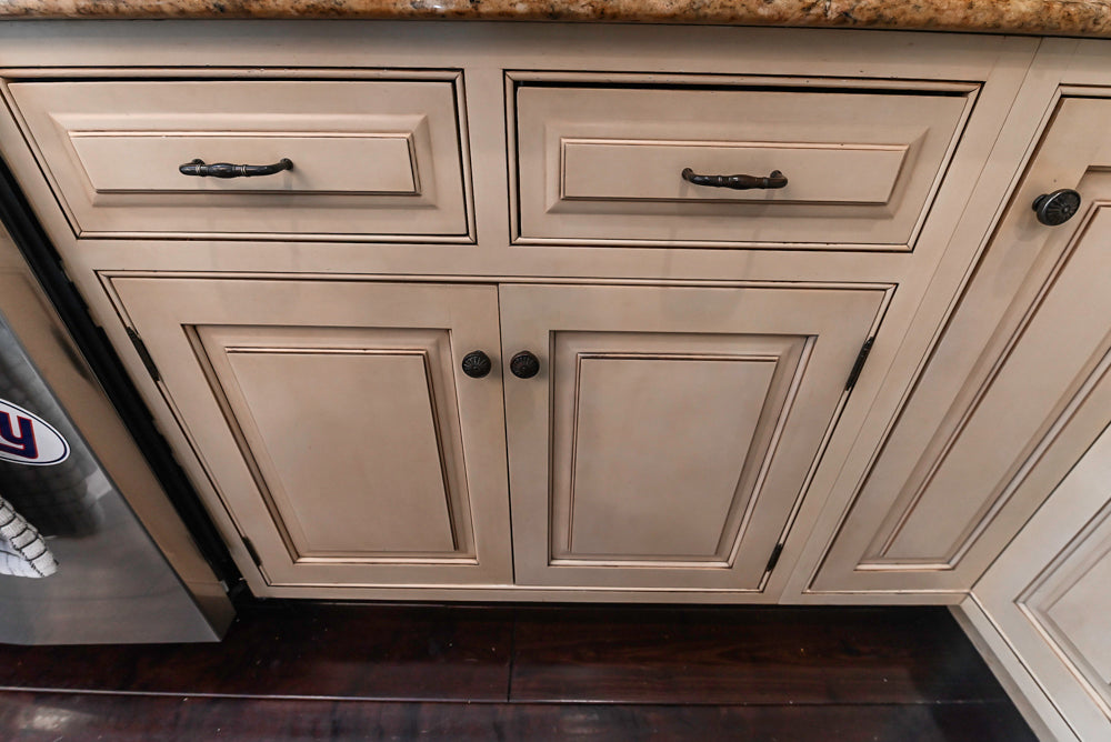 “The Harcourt” Traditional Two-Tone Distressed Kitchen with Green Island, Quartz Countertops and Appliances