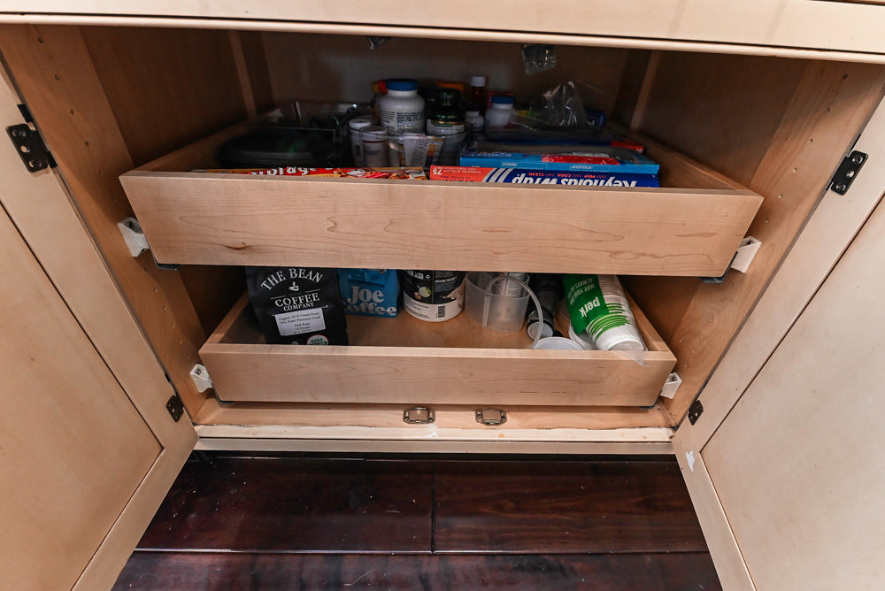“The Harcourt” Traditional Two-Tone Distressed Kitchen with Green Island, Quartz Countertops and Appliances