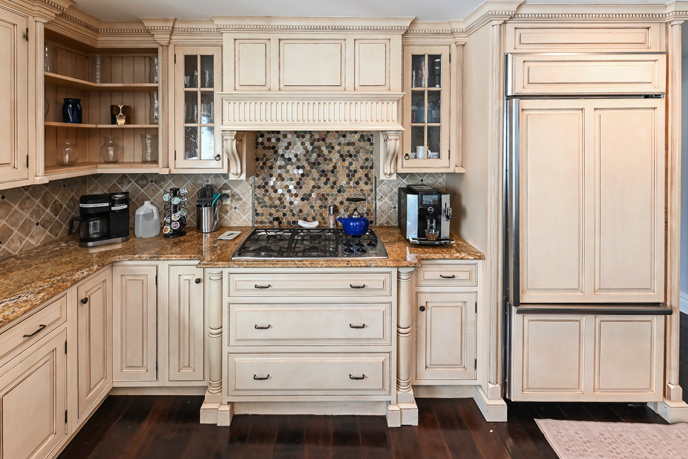 Custom Traditional Two-Tone Distressed Kitchen with Granite Countertops, Island and Appliances