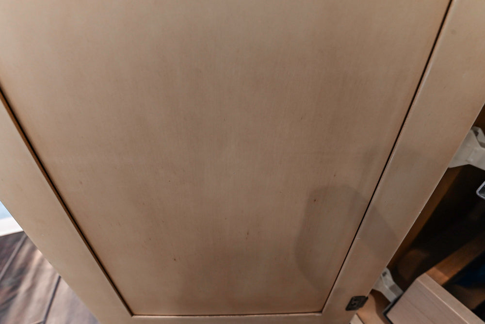 “The Harcourt” Traditional Two-Tone Distressed Kitchen with Green Island, Quartz Countertops and Appliances