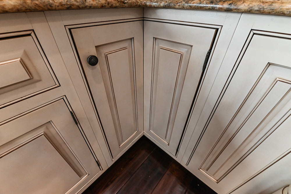 “The Harcourt” Traditional Two-Tone Distressed Kitchen with Green Island, Quartz Countertops and Appliances