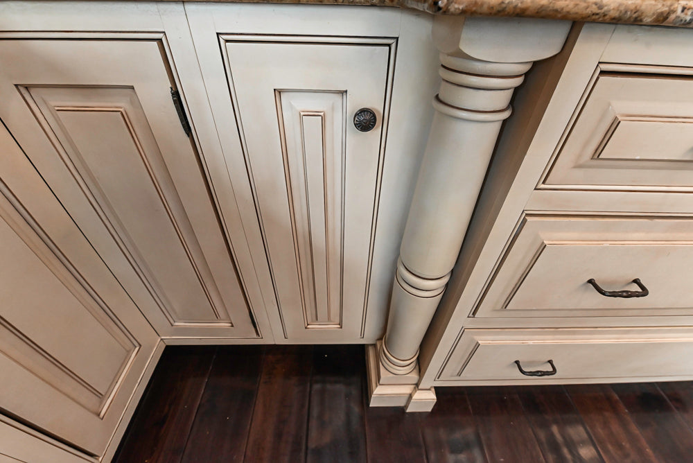 “The Harcourt” Traditional Two-Tone Distressed Kitchen with Green Island, Quartz Countertops and Appliances