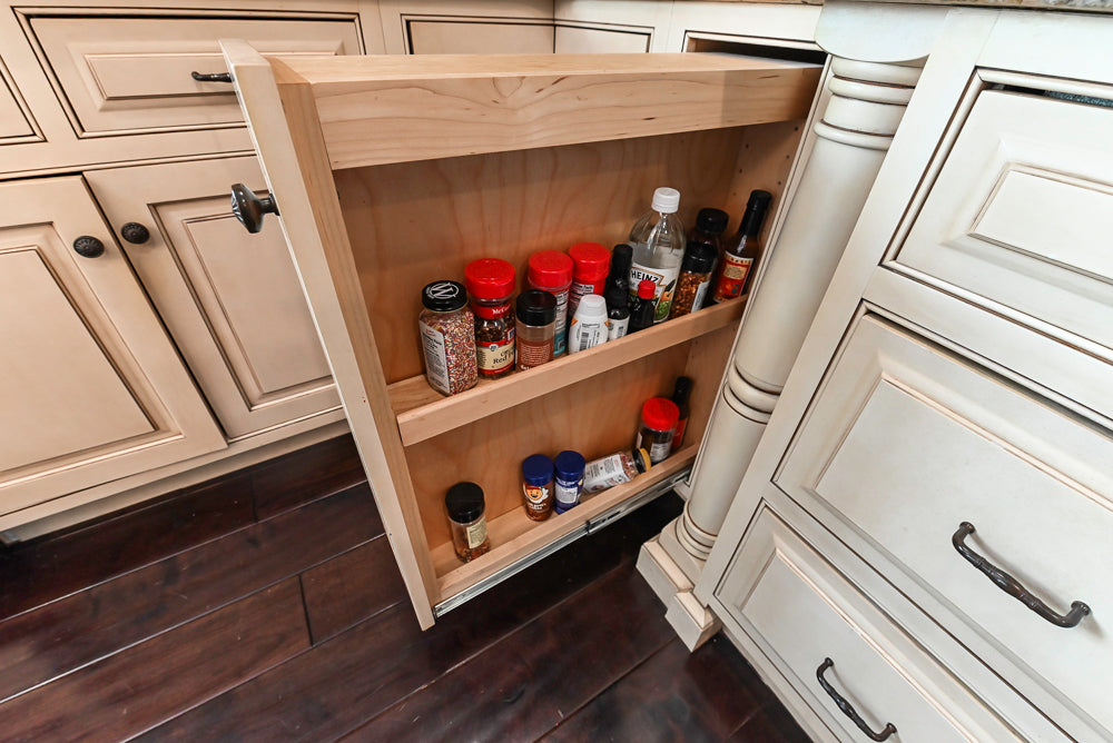 “The Harcourt” Traditional Two-Tone Distressed Kitchen with Green Island, Quartz Countertops and Appliances