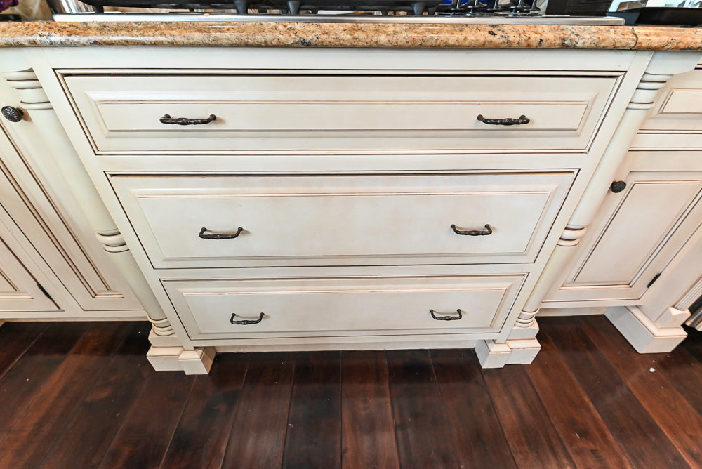 “The Harcourt” Traditional Two-Tone Distressed Kitchen with Green Island, Quartz Countertops and Appliances