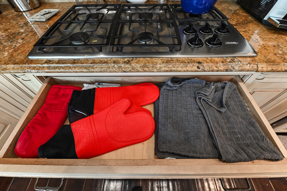 “The Harcourt” Traditional Two-Tone Distressed Kitchen with Green Island, Quartz Countertops and Appliances
