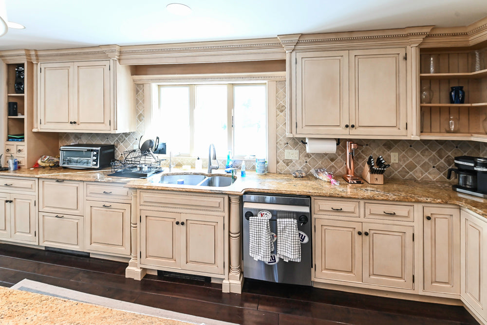 Custom Traditional Two-Tone Distressed Kitchen with Granite Countertops, Island and Appliances