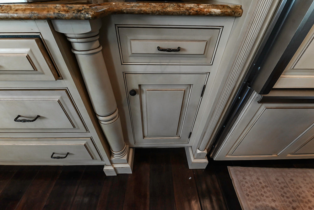 “The Harcourt” Traditional Two-Tone Distressed Kitchen with Green Island, Quartz Countertops and Appliances