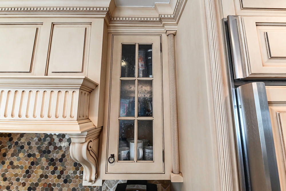 “The Harcourt” Traditional Two-Tone Distressed Kitchen with Green Island, Quartz Countertops and Appliances