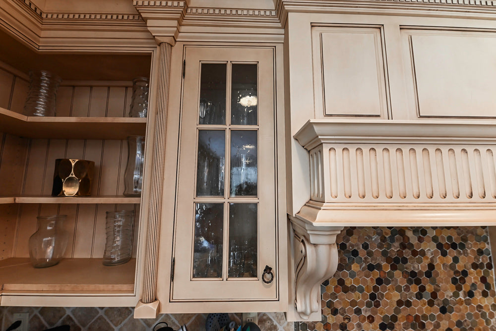 “The Harcourt” Traditional Two-Tone Distressed Kitchen with Green Island, Quartz Countertops and Appliances