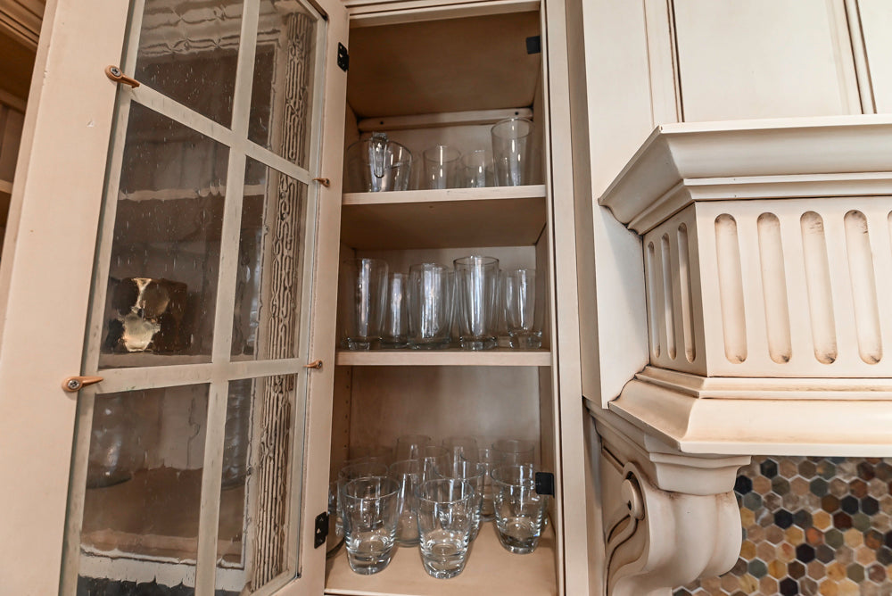 “The Harcourt” Traditional Two-Tone Distressed Kitchen with Green Island, Quartz Countertops and Appliances