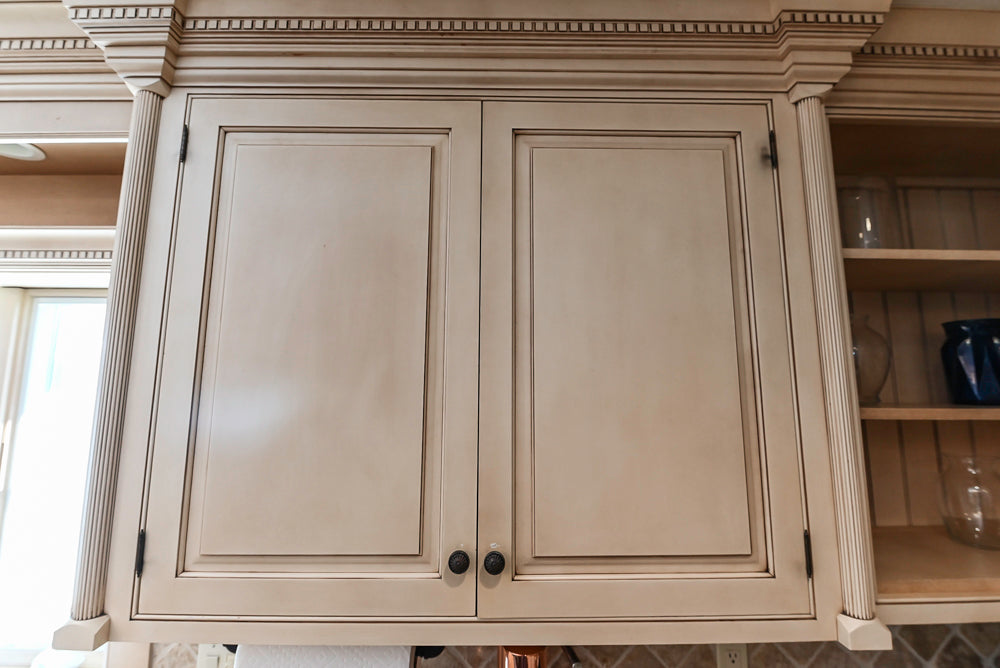 “The Harcourt” Traditional Two-Tone Distressed Kitchen with Green Island, Quartz Countertops and Appliances