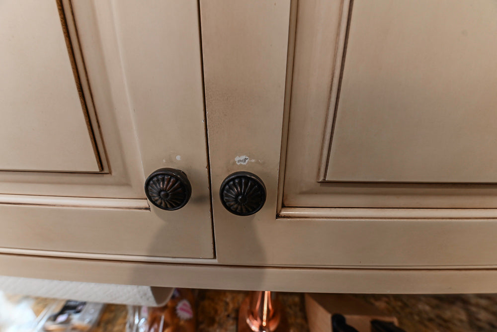 “The Harcourt” Traditional Two-Tone Distressed Kitchen with Green Island, Quartz Countertops and Appliances