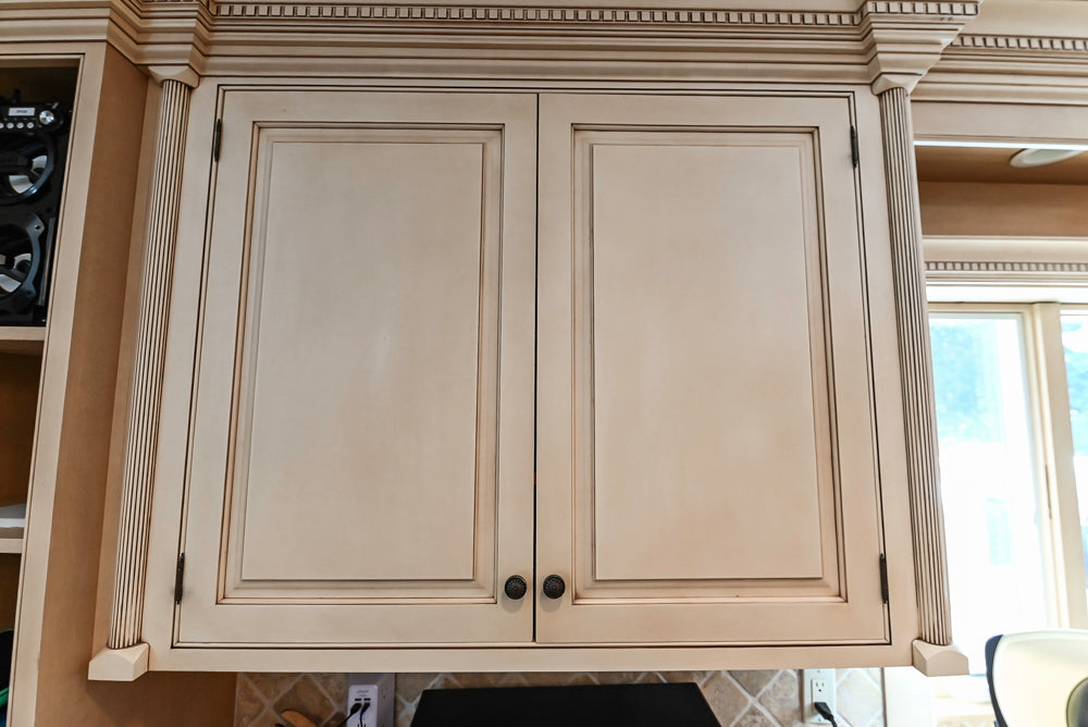 “The Harcourt” Traditional Two-Tone Distressed Kitchen with Green Island, Quartz Countertops and Appliances