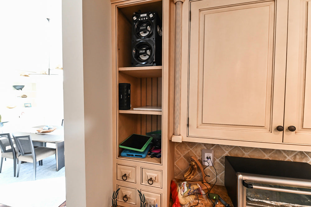 “The Harcourt” Traditional Two-Tone Distressed Kitchen with Green Island, Quartz Countertops and Appliances