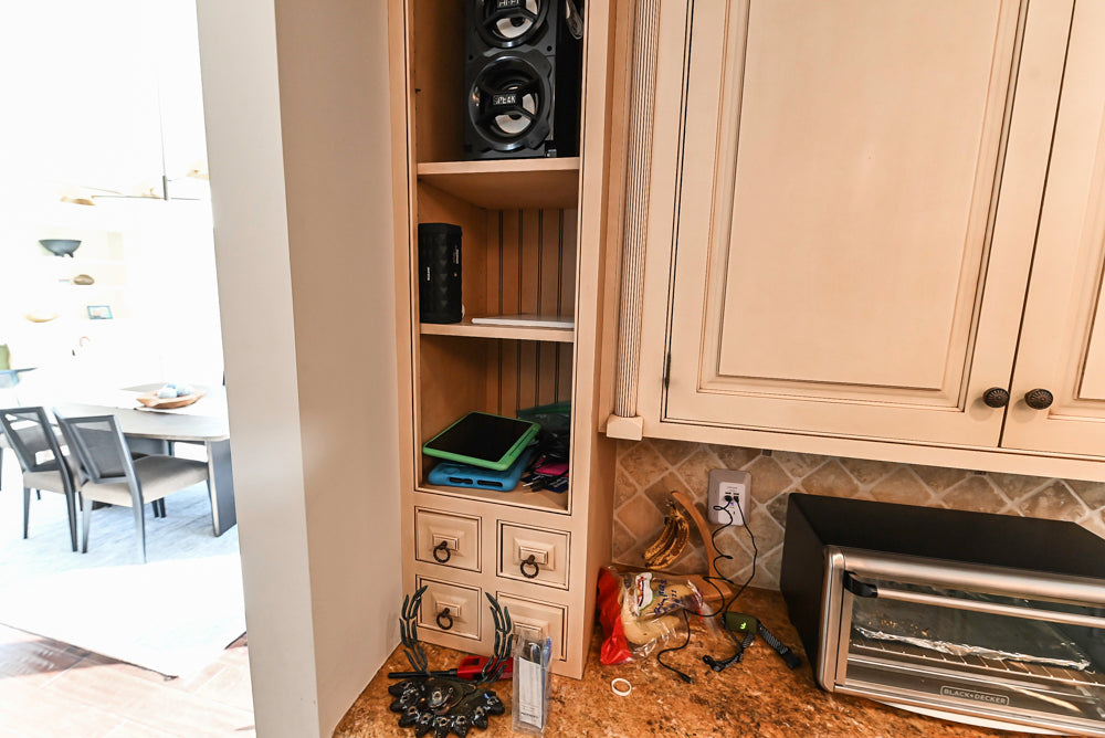 “The Harcourt” Traditional Two-Tone Distressed Kitchen with Green Island, Quartz Countertops and Appliances