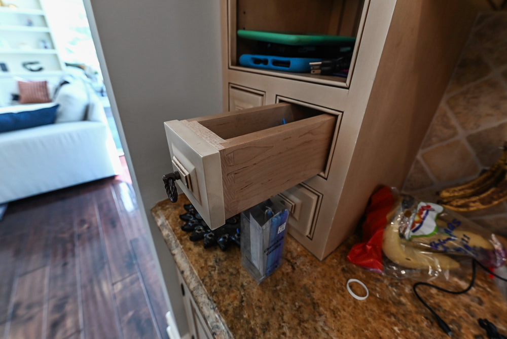 “The Harcourt” Traditional Two-Tone Distressed Kitchen with Green Island, Quartz Countertops and Appliances