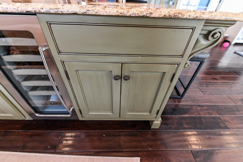 “The Harcourt” Traditional Two-Tone Distressed Kitchen with Green Island, Quartz Countertops and Appliances