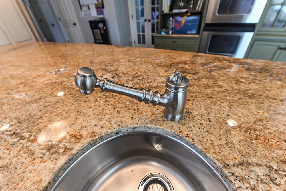 “The Harcourt” Traditional Two-Tone Distressed Kitchen with Green Island, Quartz Countertops and Appliances