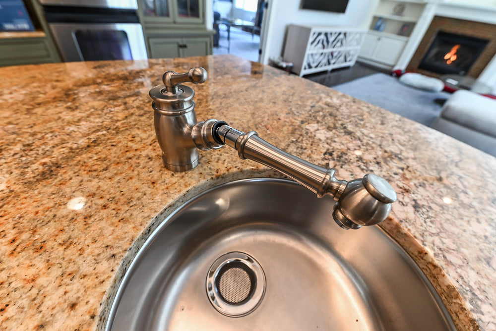 “The Harcourt” Traditional Two-Tone Distressed Kitchen with Green Island, Quartz Countertops and Appliances