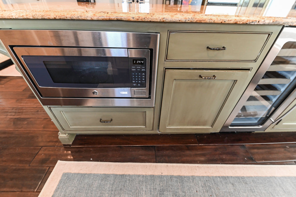 “The Harcourt” Traditional Two-Tone Distressed Kitchen with Green Island, Quartz Countertops and Appliances