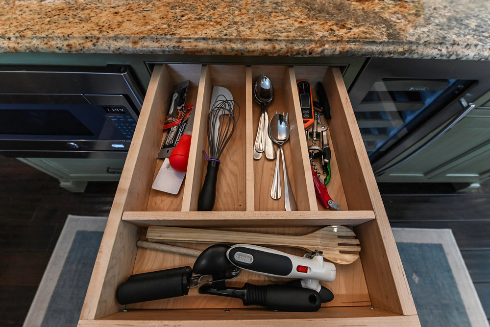 “The Harcourt” Traditional Two-Tone Distressed Kitchen with Green Island, Quartz Countertops and Appliances