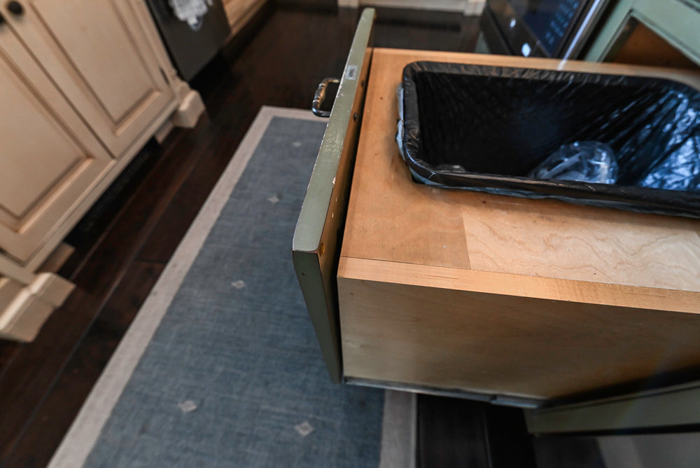 “The Harcourt” Traditional Two-Tone Distressed Kitchen with Green Island, Quartz Countertops and Appliances