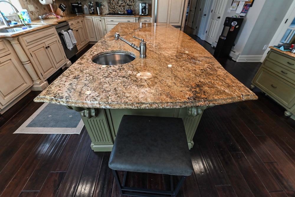 “The Harcourt” Traditional Two-Tone Distressed Kitchen with Green Island, Quartz Countertops and Appliances