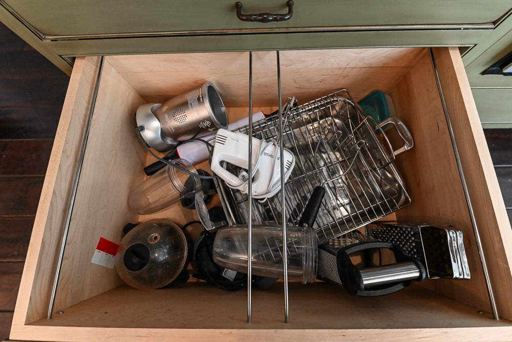 “The Harcourt” Traditional Two-Tone Distressed Kitchen with Green Island, Quartz Countertops and Appliances