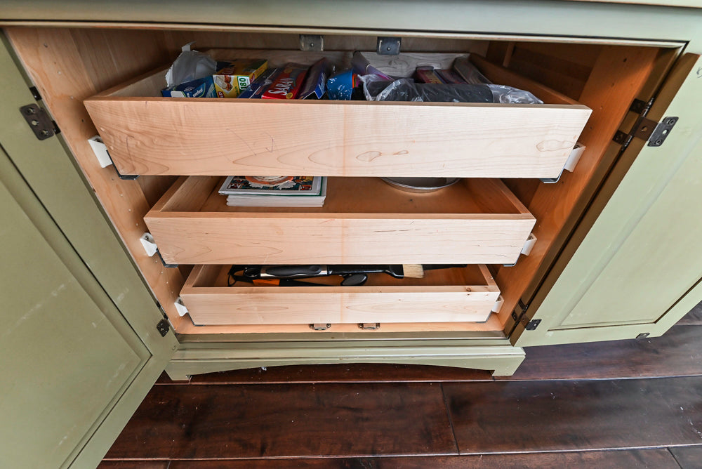 “The Harcourt” Traditional Two-Tone Distressed Kitchen with Green Island, Quartz Countertops and Appliances
