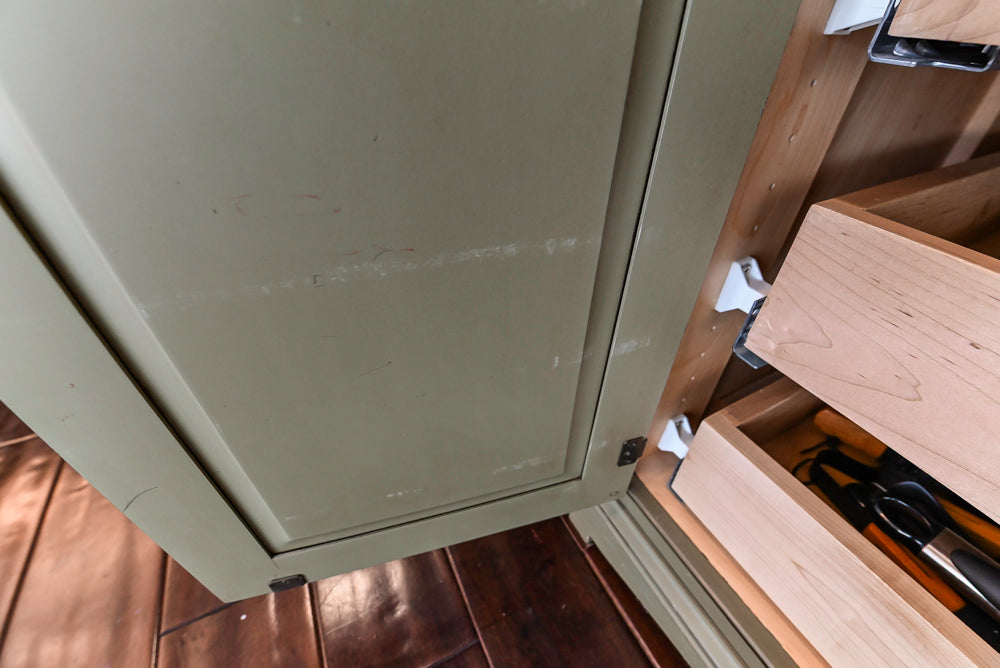 “The Harcourt” Traditional Two-Tone Distressed Kitchen with Green Island, Quartz Countertops and Appliances