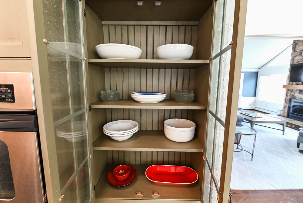 “The Harcourt” Traditional Two-Tone Distressed Kitchen with Green Island, Quartz Countertops and Appliances