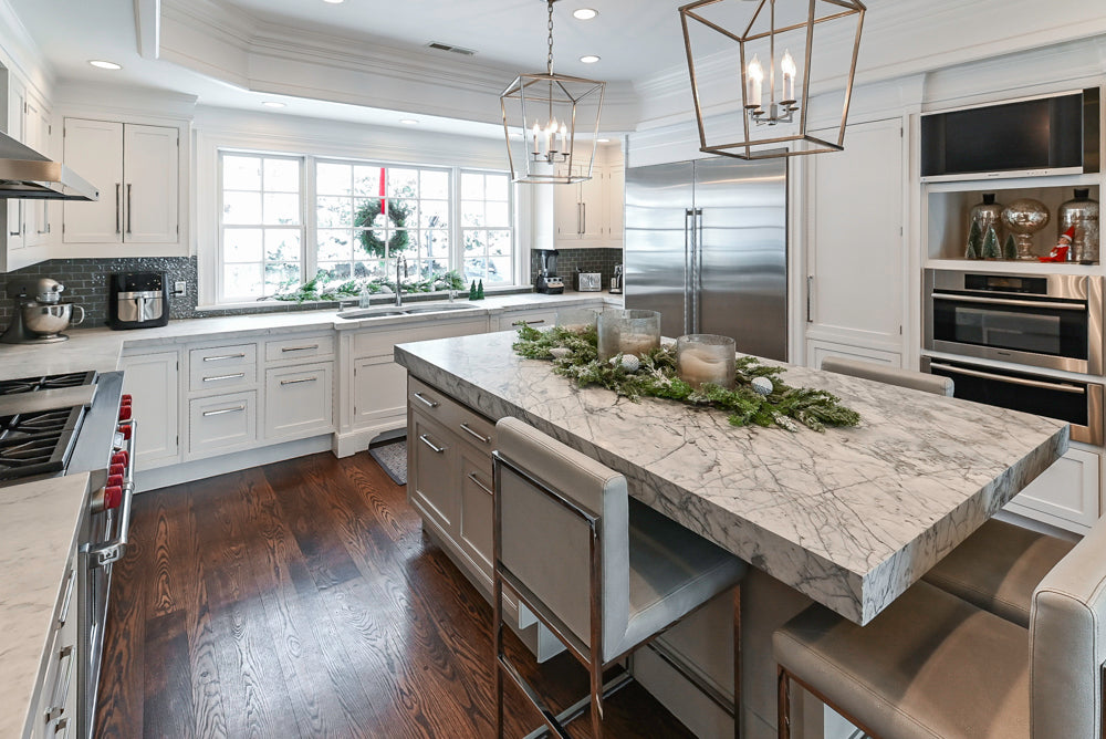 “The Clarendon” Transitional White & Grey Kitchen with Island and Wolf Appliances