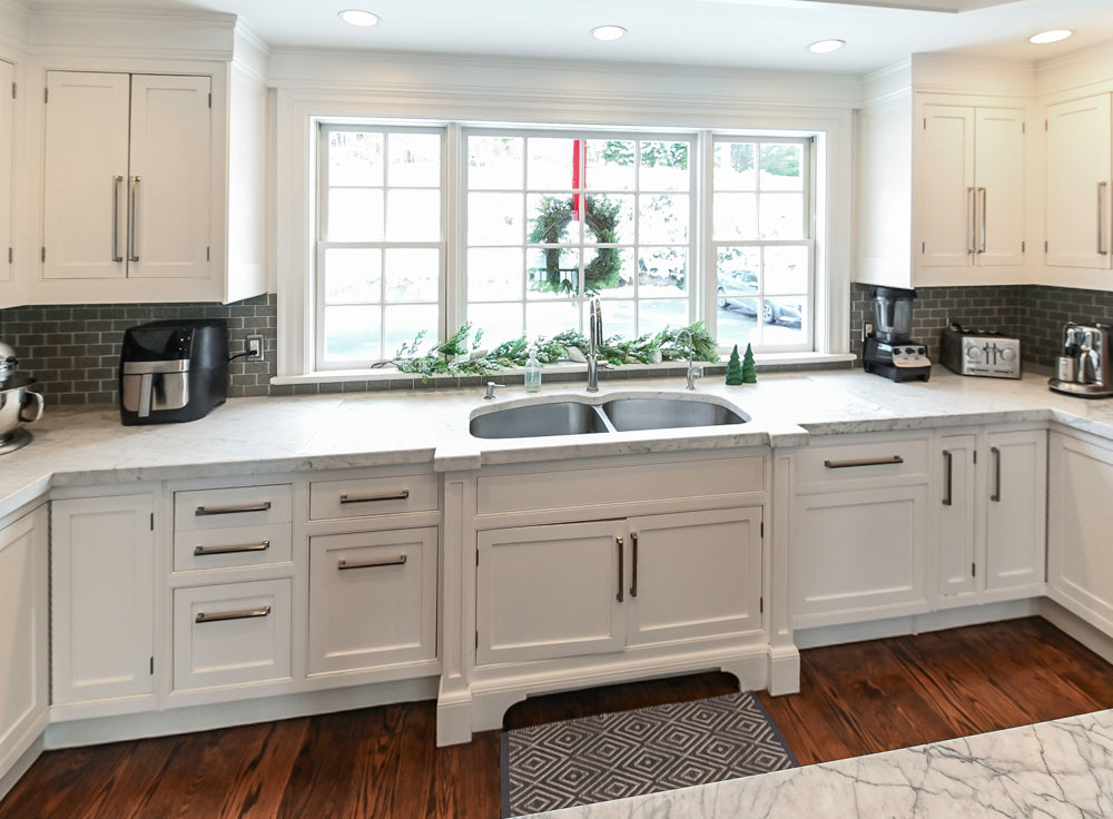 “The Clarendon” Transitional White & Grey Kitchen with Island and Wolf Appliances