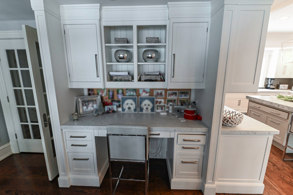 “The Clarendon” Transitional White & Grey Kitchen with Island and Wolf Appliances