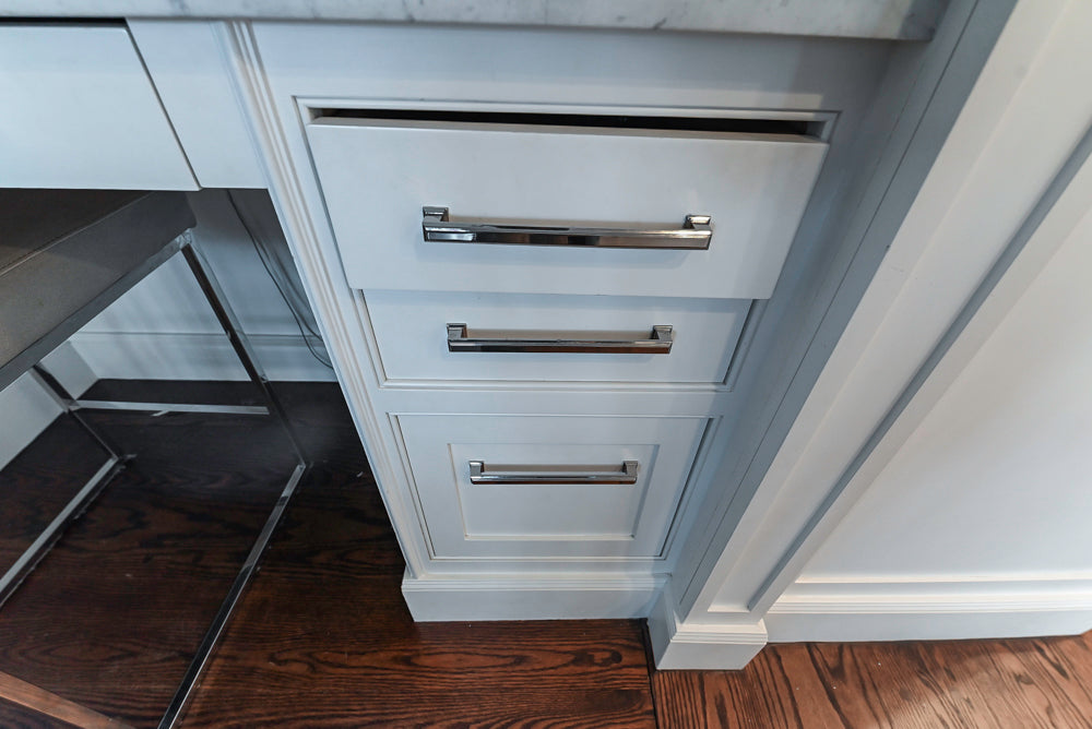 “The Clarendon” Transitional White & Grey Kitchen with Island and Wolf Appliances