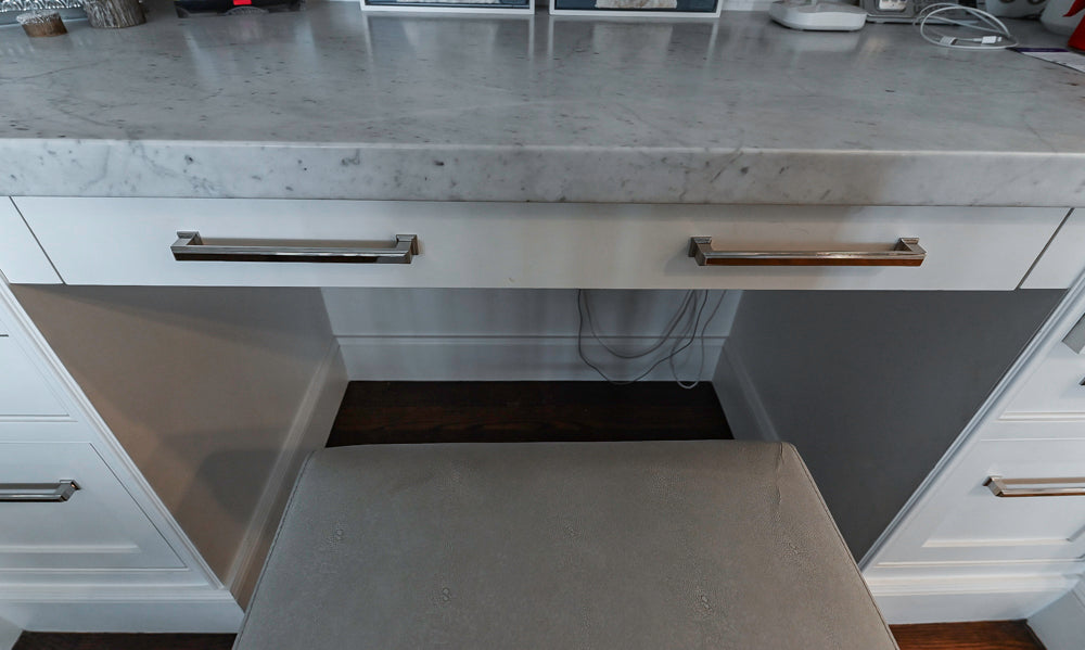 “The Clarendon” Transitional White & Grey Kitchen with Island and Wolf Appliances