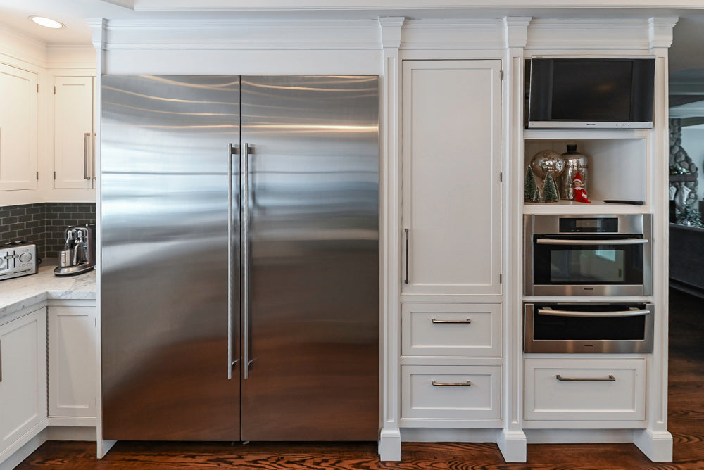 “The Clarendon” Transitional White & Grey Kitchen with Island and Wolf Appliances
